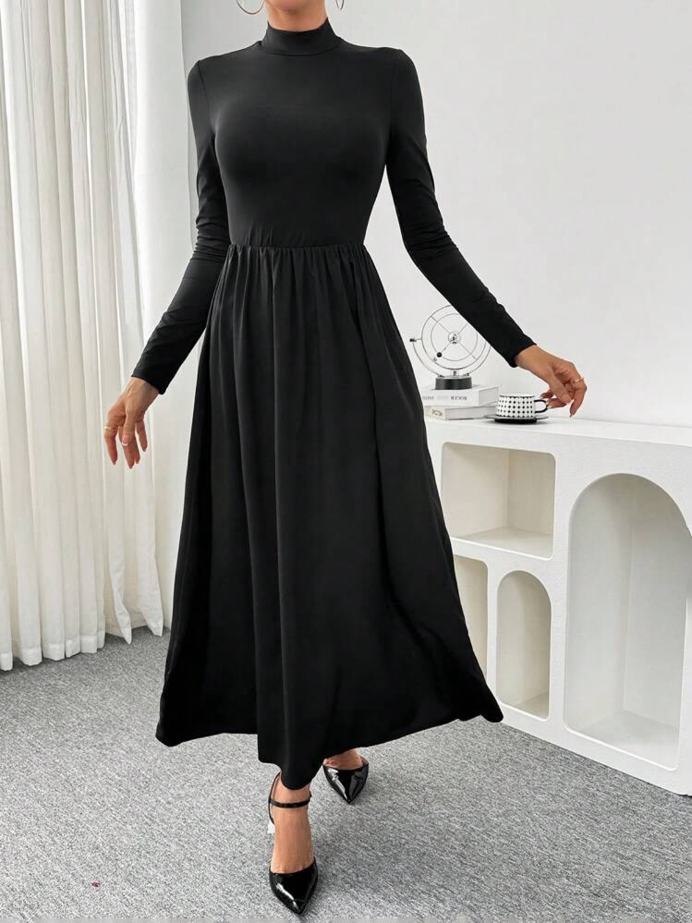 Black Long Sleeve Mock Neck Maxi Dress